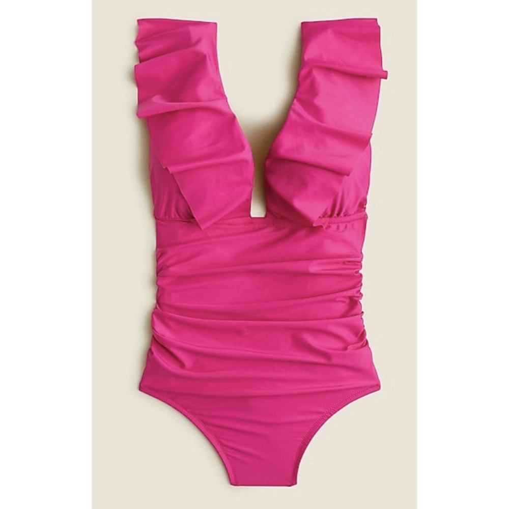 J Crew Women's Pink Ruched Ruffle One-Piece Swimsuit Size 10 Poolside Beach NWT - Picture 2 of 5